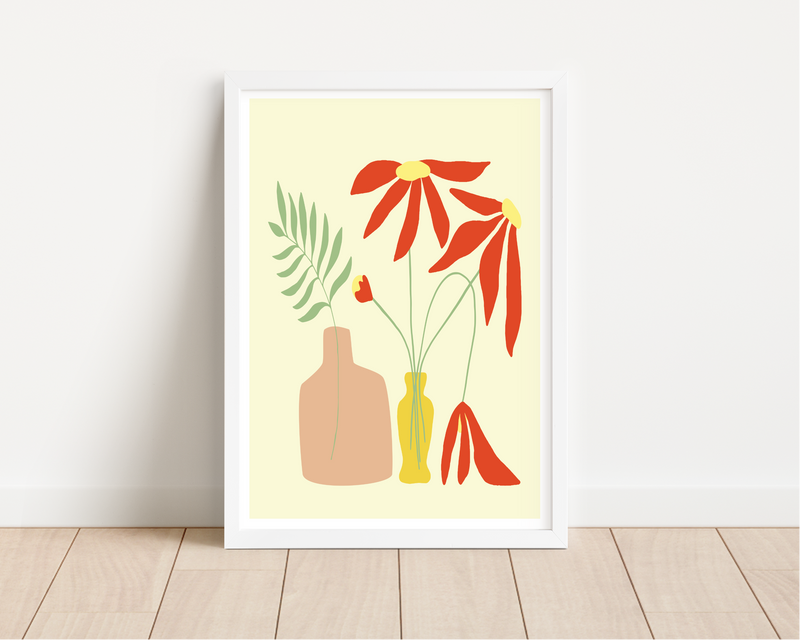 Das Poster zeigt zwei abstrakt dargestellte Vasen mit Blumen, im minimalistischen Design.