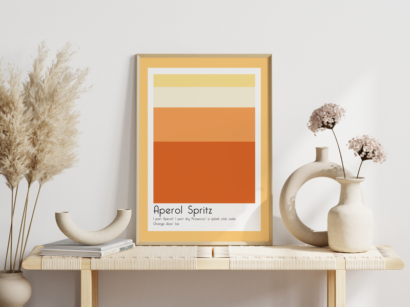 Dieses Poster für die Küche zeigt dir den Cocktail Aperol Spritz inklusive des Rezeptes, in verschiedenen Rot- und Orangetönen.