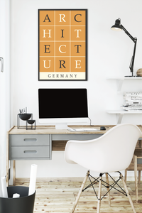 Das Poster zeigt eine minimalistische Darstellung des Wortes "Architecture" unterschrieben mit dem Wort Germany.