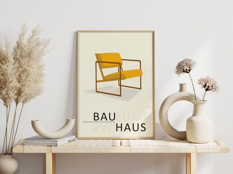 Das Bauhaus Poster zeigt einen gelben, geometrisch dargestellten Stuhl im minimalistischem Stil.
