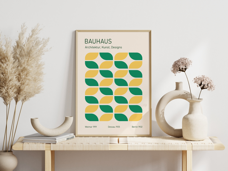 Dieses Bauhaus Poster zeigt dir minimalistische geometrische Darstellungen in den Farben Grün und Gelb oder Blau und Orange. 