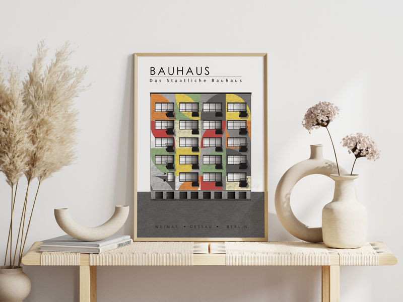 Das Bauhaus Poster zeigt ein typisches Gebäude im Stil des neuen Bauens. Das Gebäude hat den für das Bauhaus üblichen geometrisch, minimalistischen Stil. 