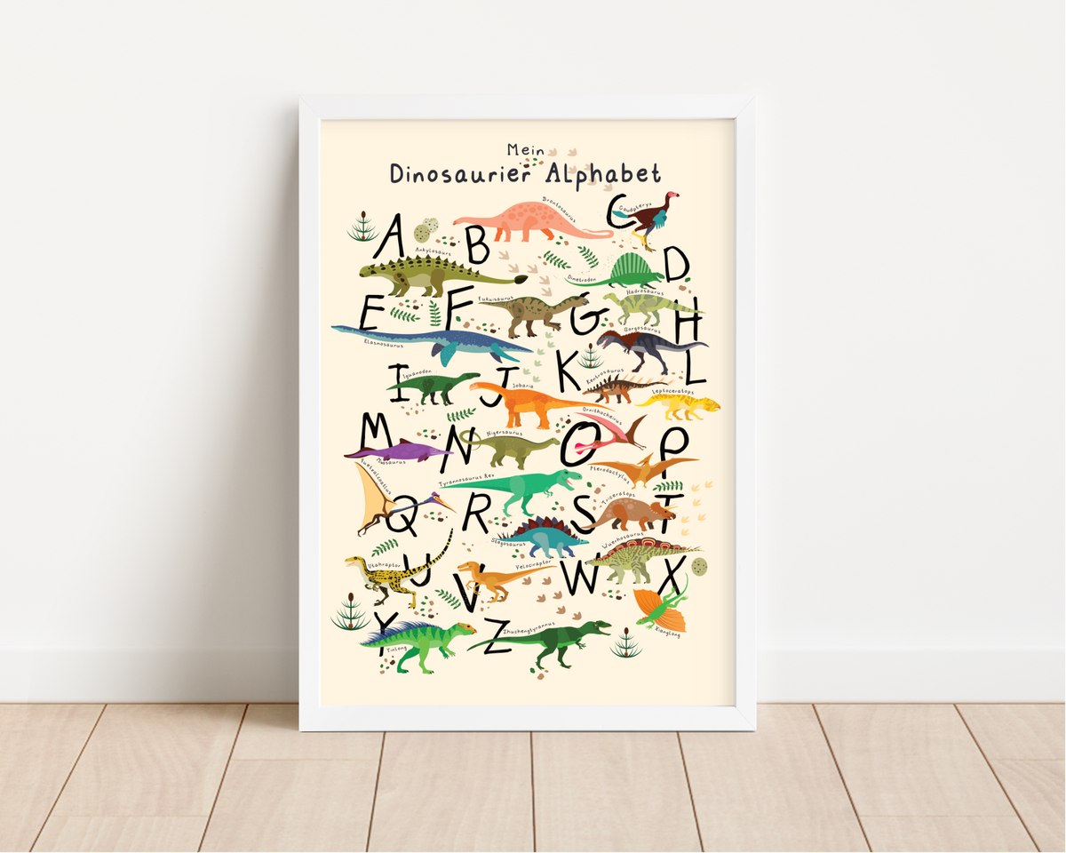 Das Alphabet Poster zeigt 24 Dinosaurier für jeden Buchstaben des ABC.