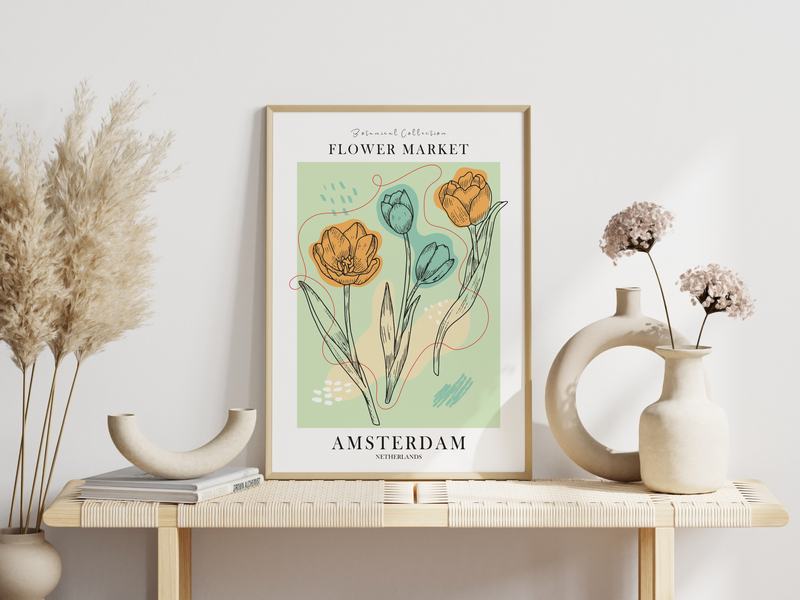 Das Poster ist ein fiktives Bild des Blumenmarktes in Amsterdam, Niederlande. Auf dem Poster sind die für Holland typischen Tulpen Blumen zu sehen.