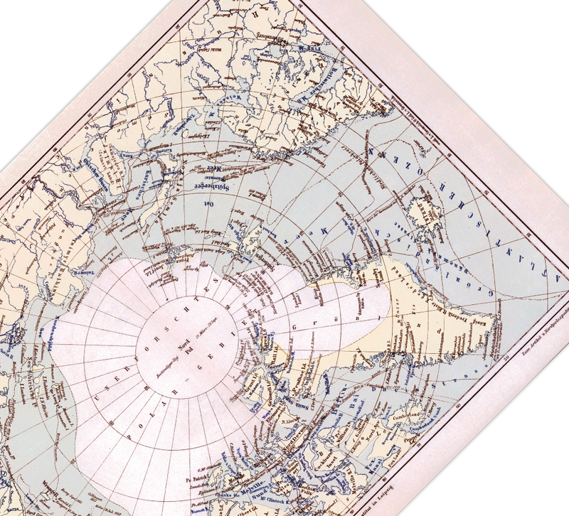 Das Poster einer Karte zu dem unerforschten Nordpolargebiet ist eine Vintage Lithographie aus Meyers Koversations-Lexikon aus dem Jahr 1890.