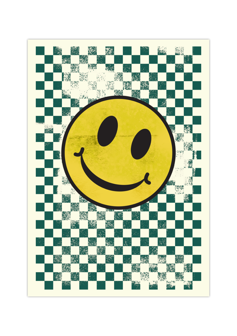 Dieses Poster zeigt im modernen Stil ein gelbes Smiley Gesicht mit grünen Quadraten im Hintergrund. Die perfekte Wanddeko für moderne Einrichtungsstile,