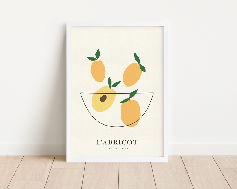 Das Poster zeigt im minimalistischen Landhausstil die Aprikosen der Côtes d'Azur.