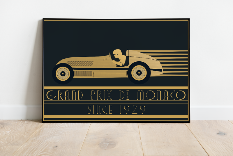Dieses Poster zeigt einen alten Rennwagen von 1929, der einem Oldtimer nachempfunden ist, der zu dieser am Grand Prix von Monaco teilgenommen hat.