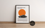 Dieses Poster zeigt die Neue Nationalgalerie im Bauhausstil, das Gebäude wurde von Ludwig Mies van der Rohe entworfen und 1968 in Berlin eröffnet.