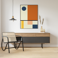 Dieses Poster zeigt dir eine moderne, geometrische Darstellung in Orange, Blau, Gelb und Beige. 