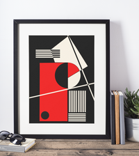 Das Poster zeigt eine abstrakte, geometrische Darstellung in Rot und Beige mit schwarzem Hintergrund.