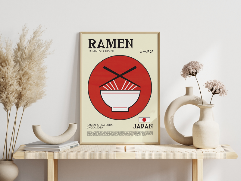 Dieses zeitgenössische Poster zeigt japanische Ramen-Nudeln, mit den Schriftzeichen für Ramen, der japanischen Flagge und eine kurze Erläuterung, was Ramen ist. 