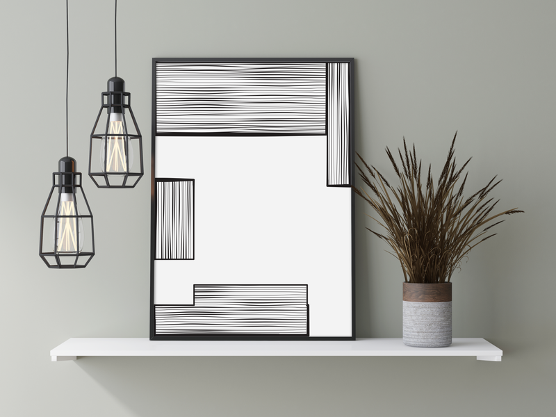 Dieses Poster zeigt dir eine moderne, minimalistische, geometrische Darstellung von grauen Rechtecken mit verschieden starken Strichen.