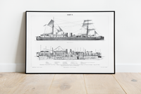 Das Poster eines Schiffes ist eine Vintage Lithographie aus Meyers Koversations-Lexikon aus dem Jahr 1890. 