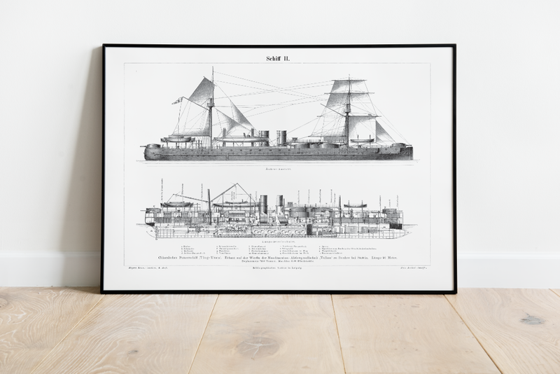 Das Poster eines Schiffes ist eine Vintage Lithographie aus Meyers Koversations-Lexikon aus dem Jahr 1890. 