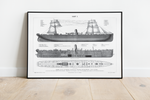 Das Poster eines Schiffes ist eine Vintage Lithographie aus Meyers Koversations-Lexikon aus dem Jahr 1890.