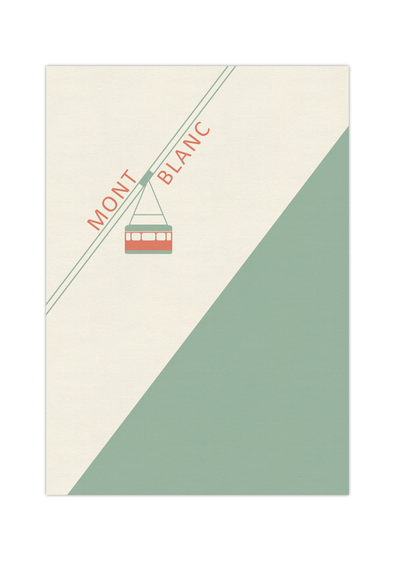 Das Poster zeigt in zwei verschiedenen Farben einen Skilift der den zwischen Frankreich und Italien gelegen Berg Mont Blanc hinauf fährt.