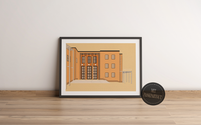 Das Poster zeigt eine minimalistische Darstellung des Stadtbades in Chemnitz in Orange. Das Schwimmbad wurde 1925 vom Stadtbaudirektor Fred Otto im Stil des Neuen Bauens, eine Stil aus dem sich auch das Bauhaus ableitet, entworfen. 