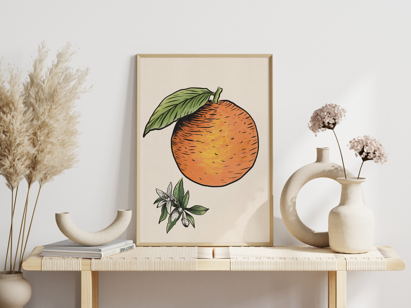 Das Poster zeigt eine im Vintage Stil gehaltene Orange, inklusive der Orangenblüte. Das Poster passt perfekt in die Küche oder in das Esszimmer, passt aber auch in jeden anderen Raum.
