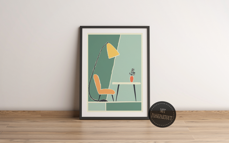 Das Poster zeigt ein minimalistisch dargestelltes Wohnzimmer mit Tisch, Blumen, Stuhl und Lampe. Das Bild ist in schönem Grün gehalten und hat einen vintage Touch.