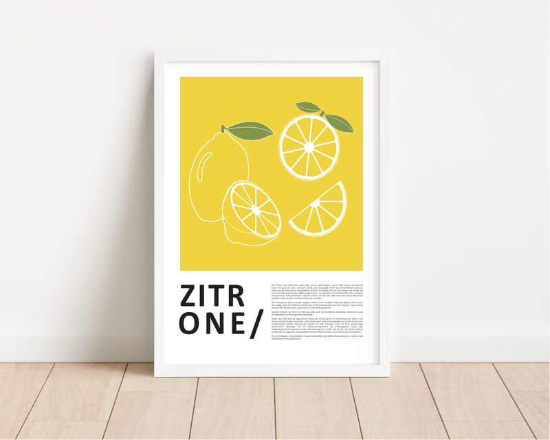Das Poster für die Küche zeigt dir in minimalistischer Darstellung eine gezeichnete Zitrone, hierzu findest du unterhalb des Bildes das Wort Zitrone sowie eine Erklärung zur Zitrone.
