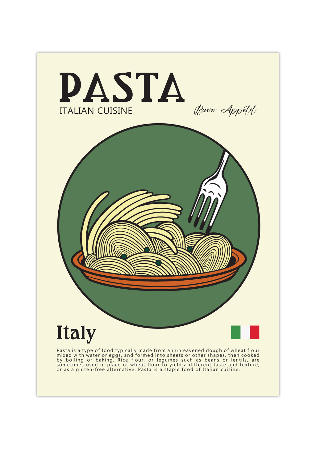 Dieses zeitgenössische Poster zeigt italienische Pasta Nudeln, mit der italienischen Flagge und eine kurze Erläuterung der Geschichte der Pasta. 