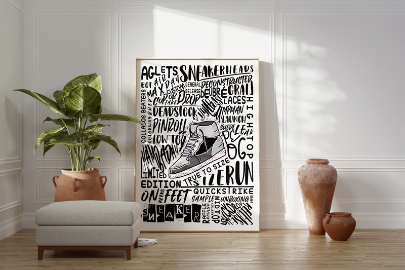 Das Poster zeigt dir einen Sneaker und um diesen ein Lexikon von Wörter, die in Verbindung mit Sneakern stehen. 
