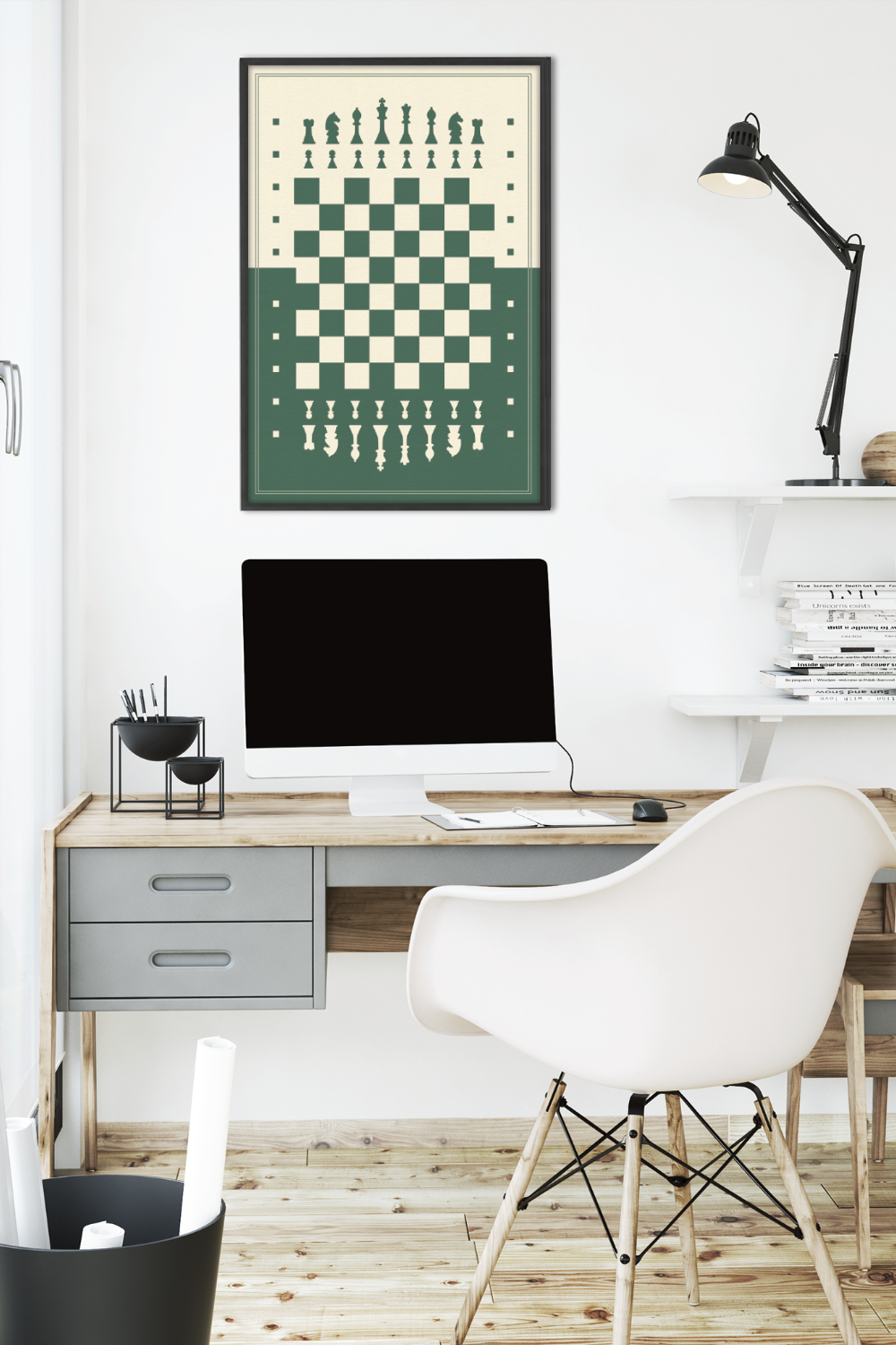 Dieses Poster zeigt dir ein in grün und beige dargestelltes Schachbrett.