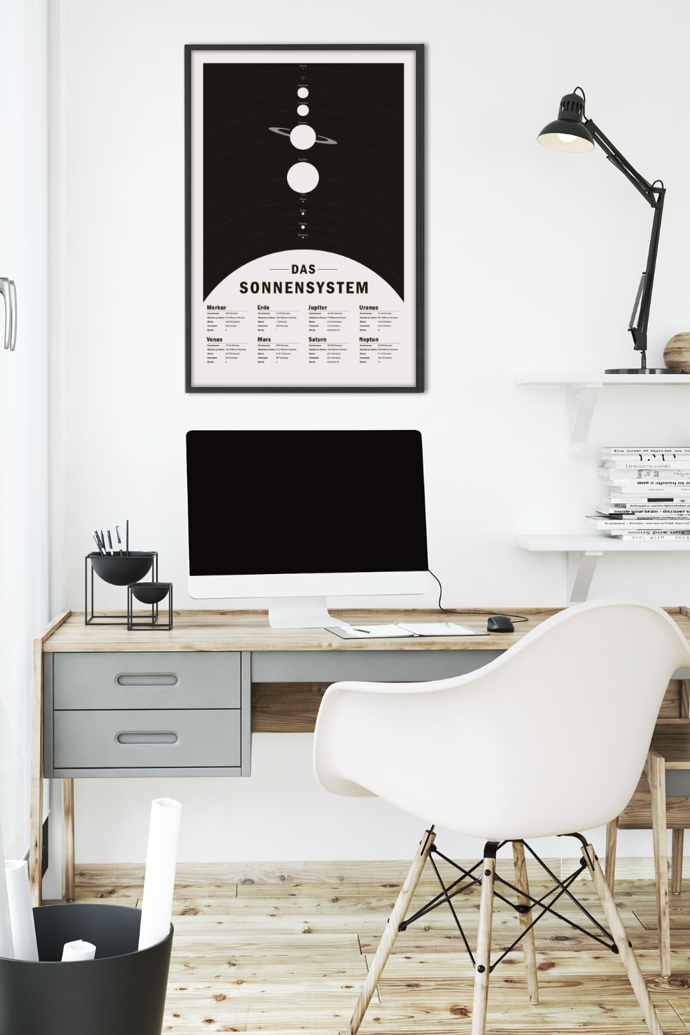 Dieses Poster zeigt das Sonnensystem in grau und schwarz.