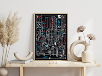 Dieses schöne Poster ist eine Zeichnung einer japanischen Stadt.