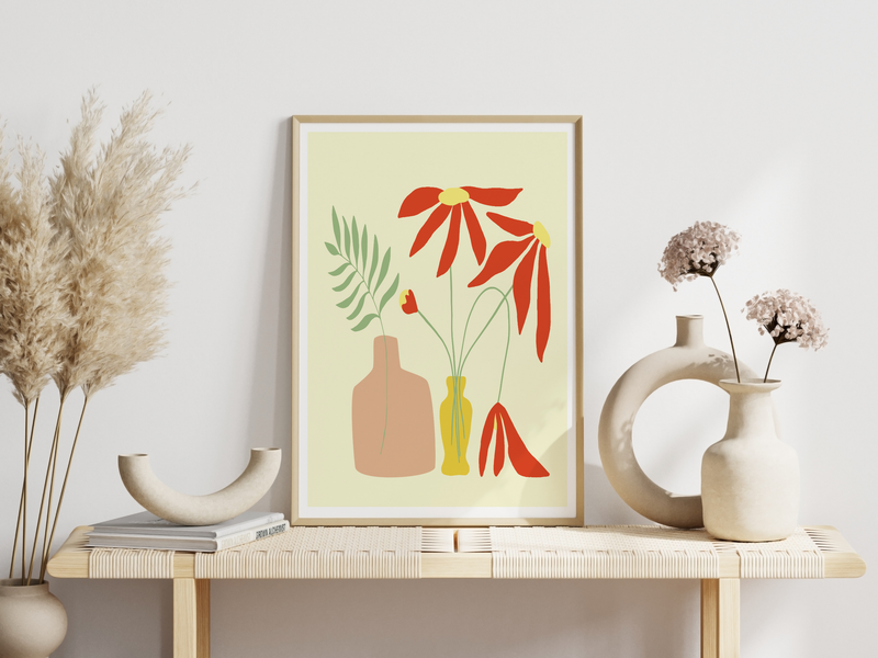 Das Poster zeigt zwei abstrakt dargestellte Vasen mit Blumen, im minimalistischen Design.