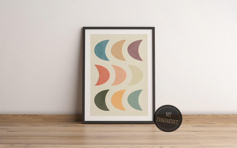 Dieses tolle Poster im Boho, Mid-Century Stil Halbmonde in verschieden Pastellfarben. Dieses minimalistische Bild eignet sich als Wanddeko in jedem Raum.