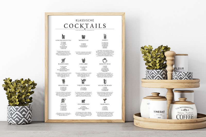 Dieses Poster für die Küche zeigt dir 12 verschiedene Cocktails mit Rezepten, Bildern und Anleitung zur Zubereitung. 