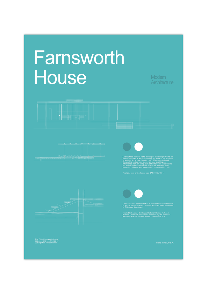 Das Architektur-Poster zeigt dir das Farnsworth House, ein Landhaus südlich der Stadt Plano in Illinois, das Mies van der Rohe zwischen 1945 und 1951 entworfen und errichtet hat. 