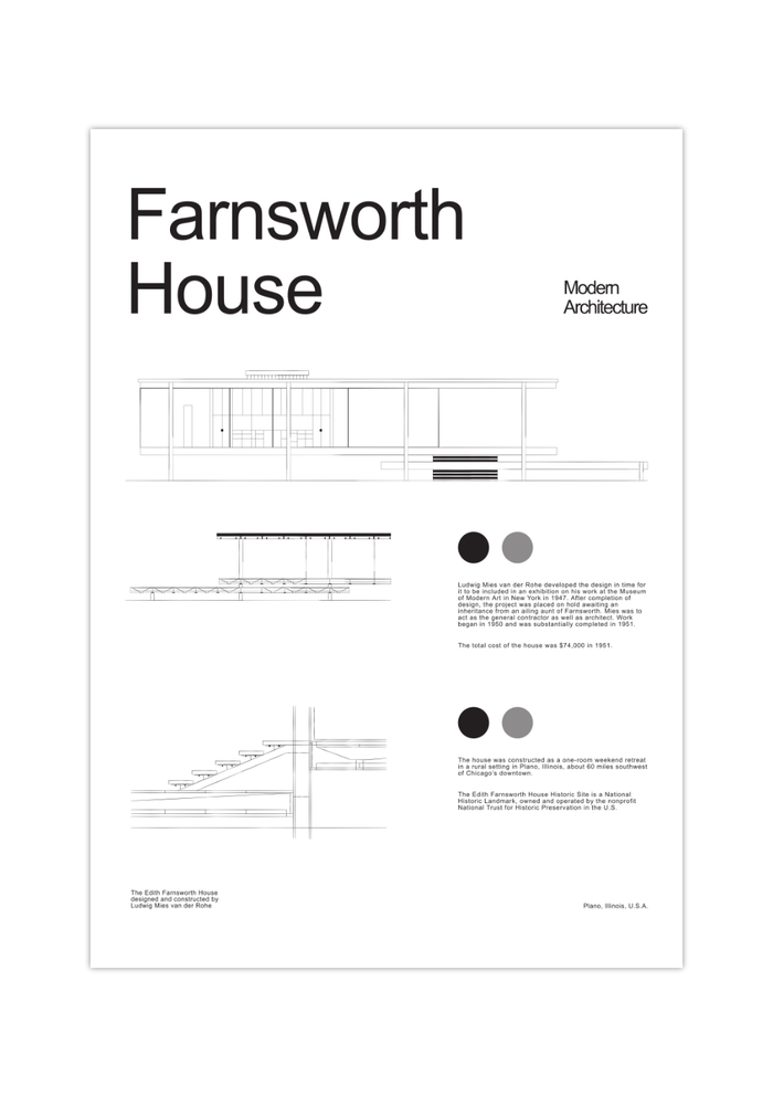 Das Architektur-Poster zeigt dir das Farnsworth House, ein Landhaus südlich der Stadt Plano in Illinois, das Mies van der Rohe zwischen 1945 und 1951 entworfen und errichtet hat. 