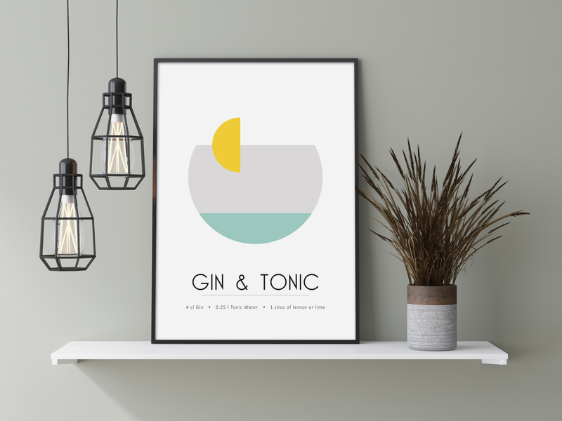 Dieses Poster für die Küche zeigt dir den Cocktail Gin Tonic inklusive des Rezeptes, in Gelb, Grau und Blau.