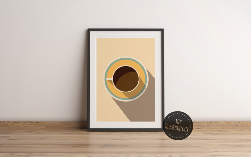Dieses Poster für die Küche stellt zeigt eine minimalistisch dargestellte Kaffeetasse in Braun und Beige. Das Bild ist die ideale Wanddeko für die Küche oder das Esszimmer.