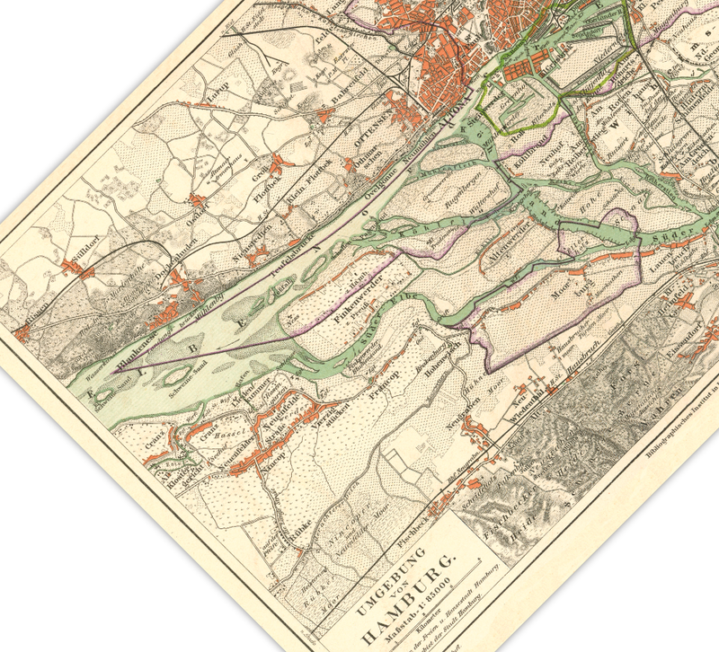Das Poster einer Karte von Hamburg ist eine Vintage Lithographie aus Meyers Koversations-Lexikon aus dem Jahr 1890.