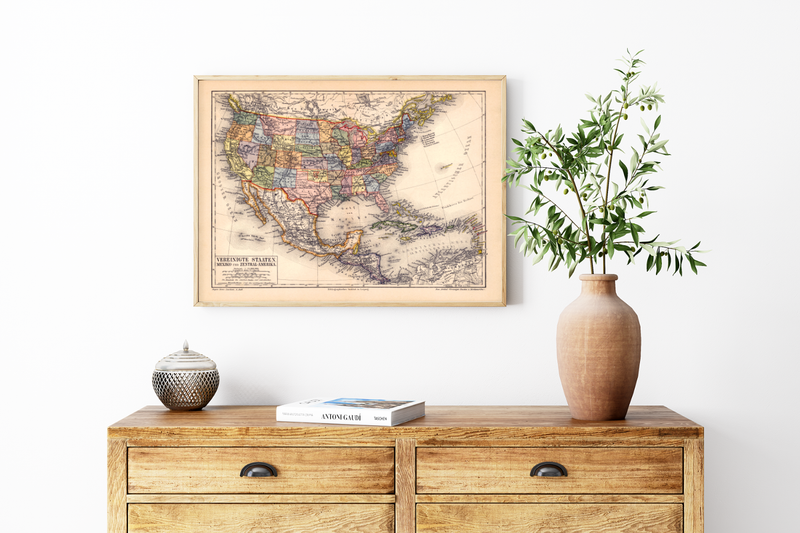 Das Poster einer Karte zur USA, Mexiko und Zentralamerika ist eine Vintage Lithographie aus Meyers Koversations-Lexikon aus dem Jahr 1890.