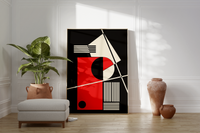Das Poster zeigt eine abstrakte, geometrische Darstellung in Rot und Beige mit schwarzem Hintergrund.