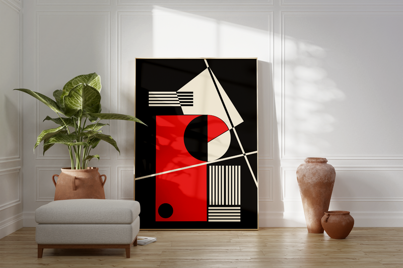 Das Poster zeigt eine abstrakte, geometrische Darstellung in Rot und Beige mit schwarzem Hintergrund.