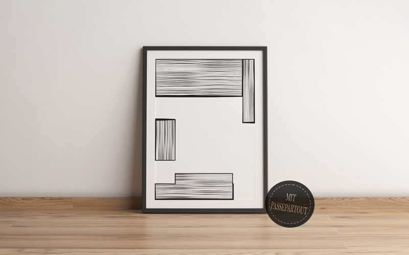 Dieses Poster zeigt dir eine moderne, minimalistische, geometrische Darstellung von grauen Rechtecken mit verschieden starken Strichen.