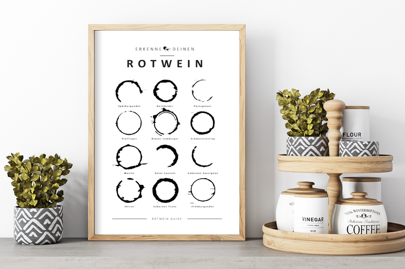 Das Poster zeigt dir auf witzige Weise die unterschiedlichen Rotweinsorten in schwarz und weiß.