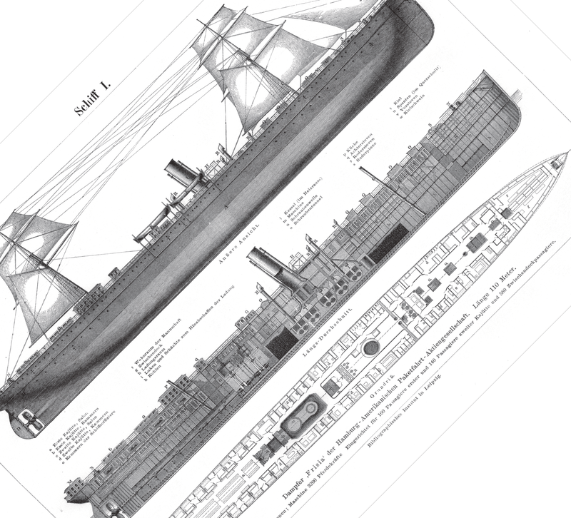 Das Poster eines Schiffes ist eine Vintage Lithographie aus Meyers Koversations-Lexikon aus dem Jahr 1890.