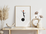Dieses Poster zeigt einen Seiltänzer der über ein Seil auf der Erde tanzt und eine Orange Kugel auf dem jongliert.