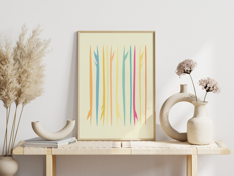 Das Poster zeigt abstrakt dargestellte Surfbretter in verschiedenen sommerlich Farben.