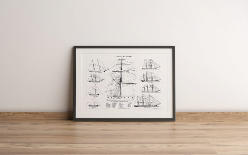 Das Poster zur Takelung eines Schiffes ist eine Vintage Lithographie aus Meyers Koversations-Lexikon aus dem Jahr 1890 im viktorianischen Stil.