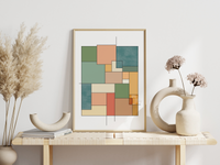 Das minimalistische Poster zeigt verschiedene Rechtecke in Vintagefarben. Diese geometrische Kunst in schönen Farben passt ideal in jeden Raum.