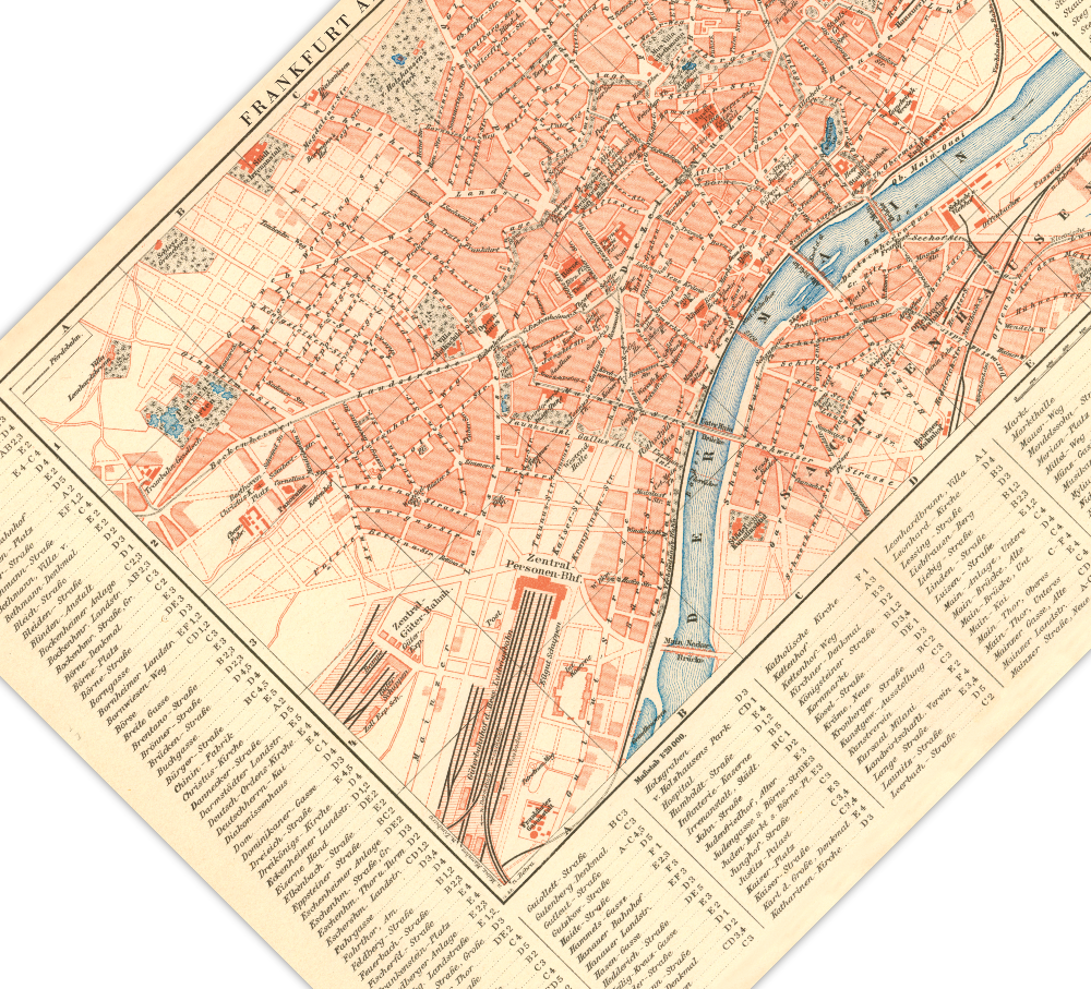 Das Poster einer Karte von Frankfurt am Main ist eine Vintage Lithographie aus Meyers Koversations-Lexikon aus dem Jahr 1890.