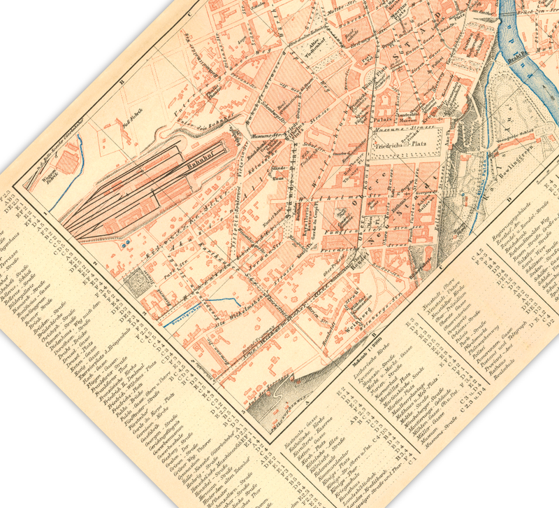 Das Poster einer Karte von Kassel ist eine Vintage Lithographie aus Meyers Koversations-Lexikon aus dem Jahr 1890